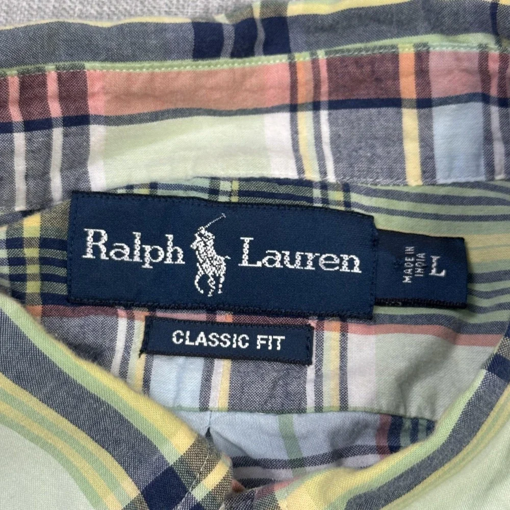 Ralph Lauren Classic Fit Button-Down Shirt Men L Green Plaid Cotton Short Sleeve